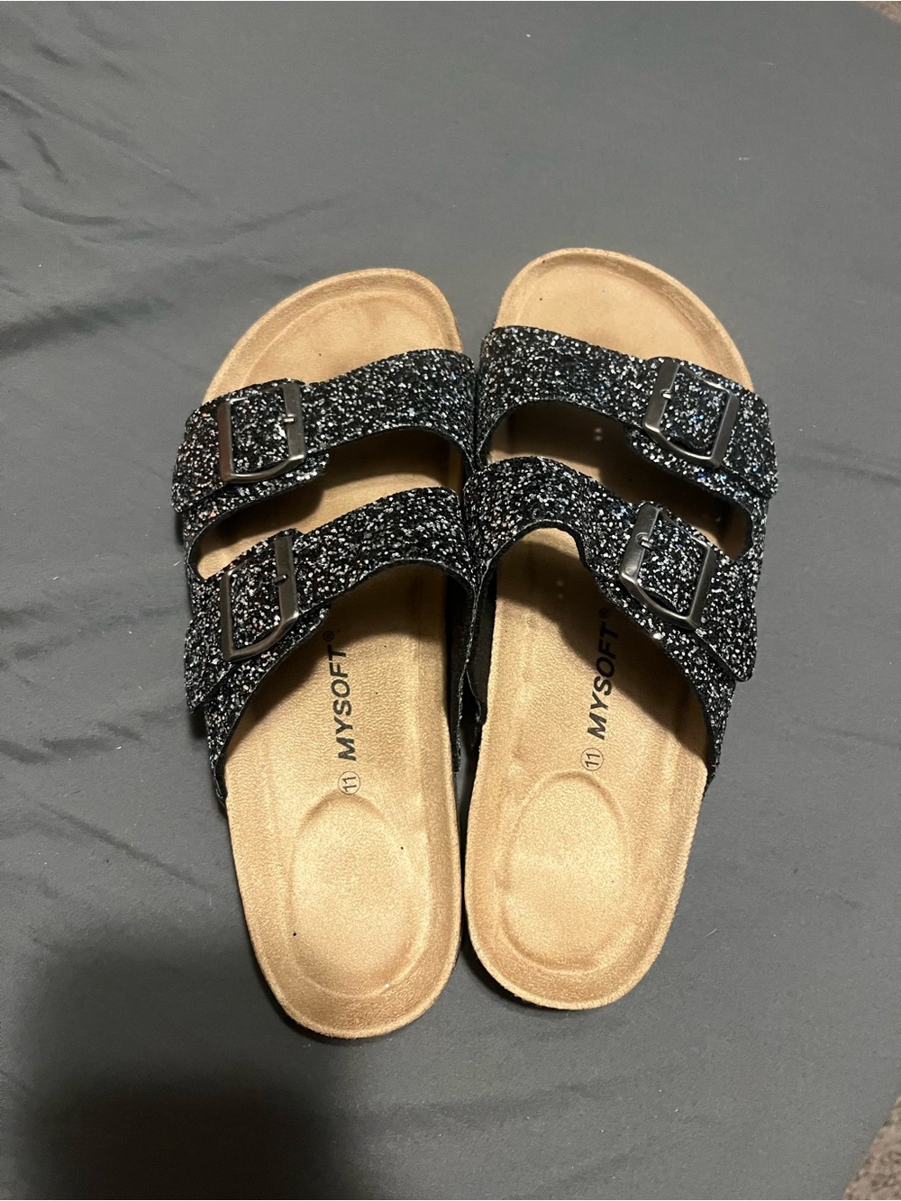 MYSOFT Women's Black Glitter Double-Buckle Comfort Sandals